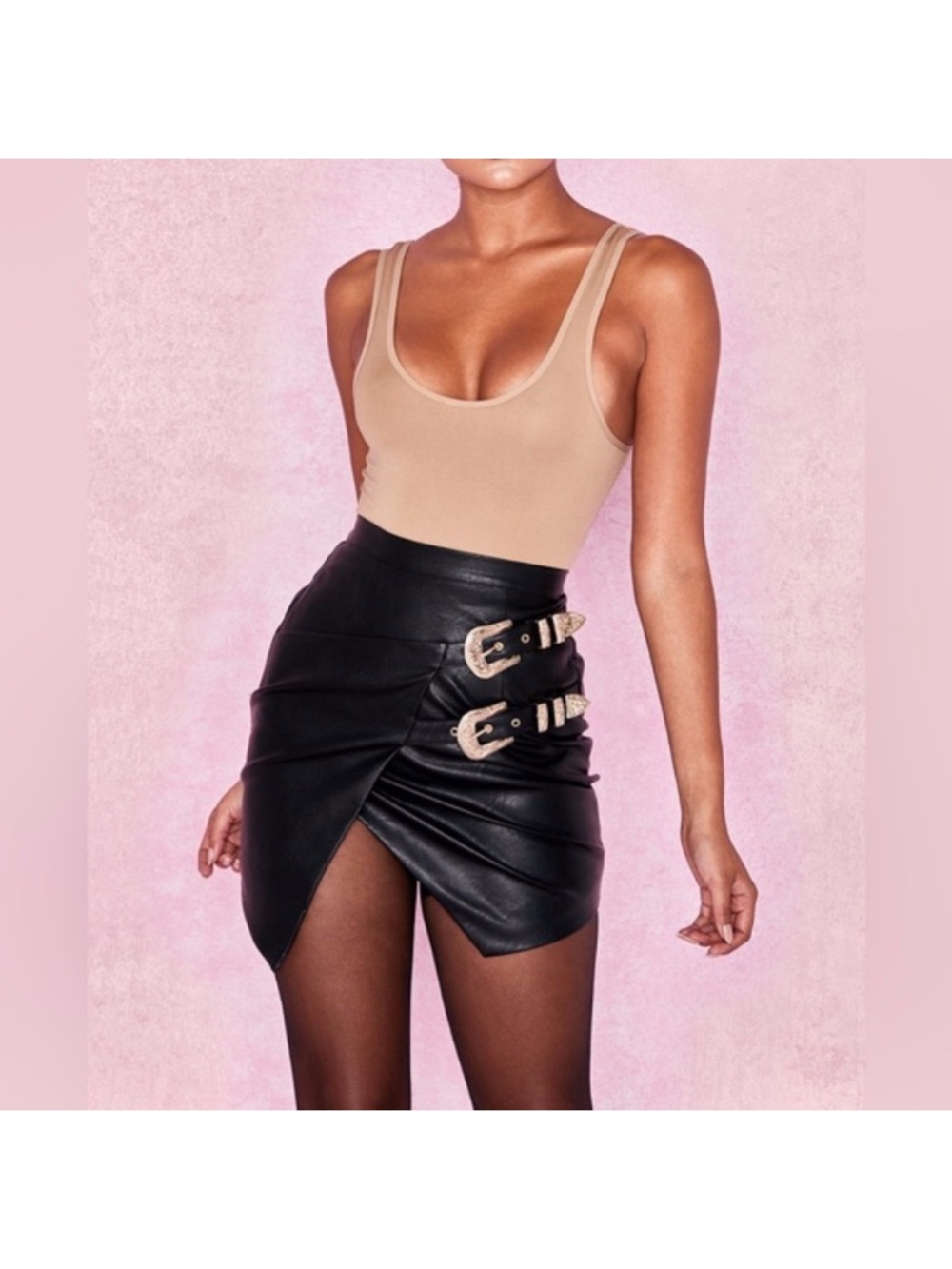 House of CB Kira Faux Leather Black Mini Skirt with Buckle Detail Black NWT XS